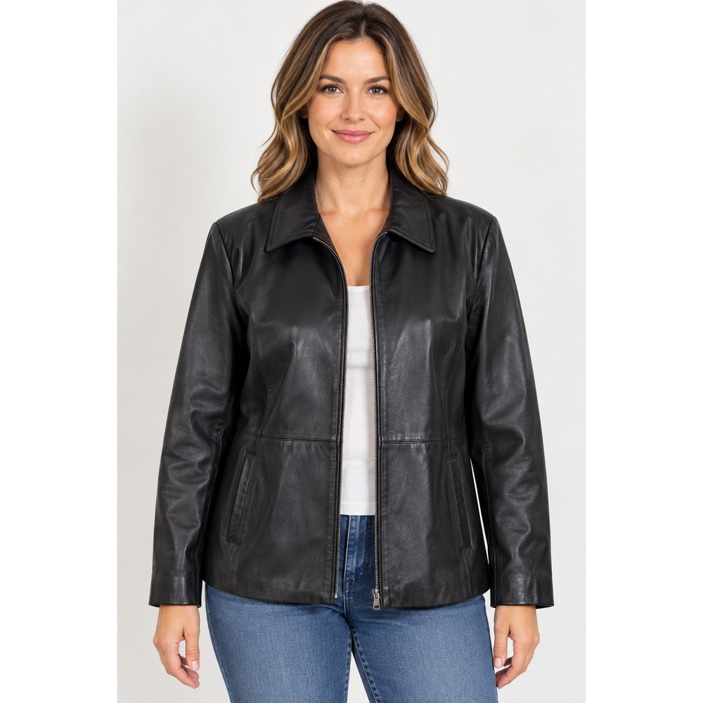 Worthington Womens XL Black Genuine Nappa Leather Full Zip Jacket Classic